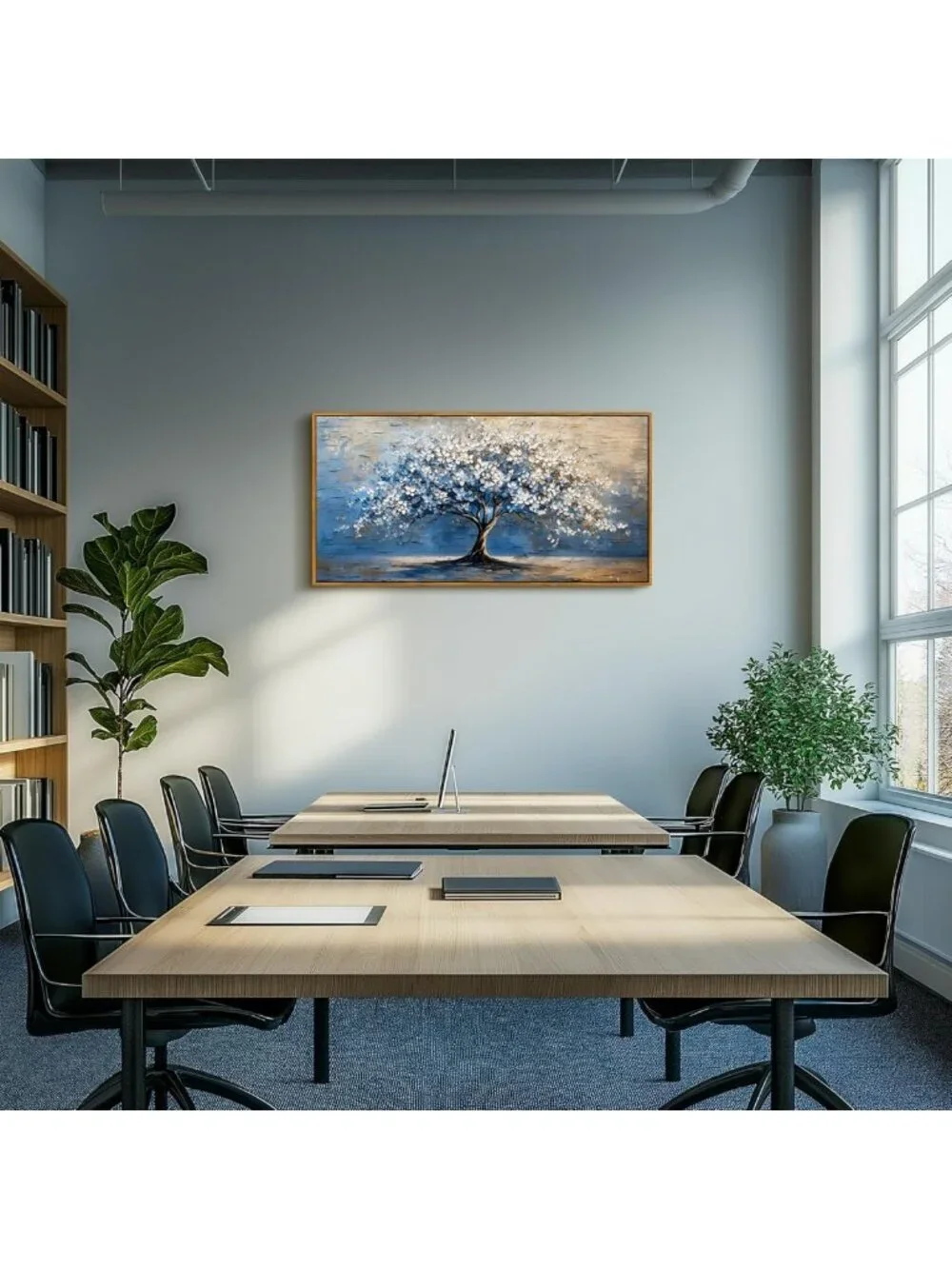 Large Framed Tree of Life Wall Art - Blue Abstract Cherry Blossom Decor 20x40